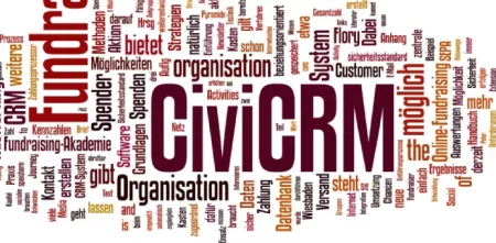 Eine Wordcloud. In der Mitte: CiviCRM.