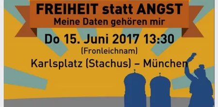 Grafik für die Demo „Freiheit statt Angst“ mit Informationen zu Veranstaltungsort und -datum.