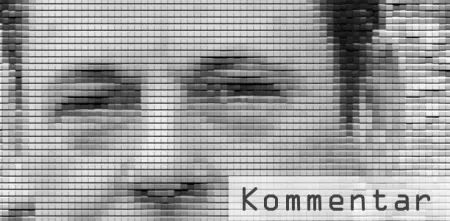 Ein künstlerisch verpixeltes Bild von padeluun (Augenpartie). Unten rechts in der Ecke das Wort „Kommentar“.