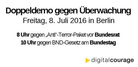 Flyer für die „Doppeldemo gegen Überwachung“.