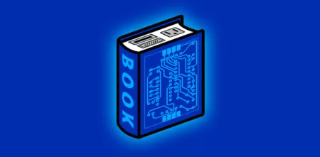 Grafik eines blauen Buches mit typischen PC-Anschlüssen.