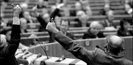 Mitglieder des Europäischen Parlaments bei einer Abstimmung (schwarz-weiß).