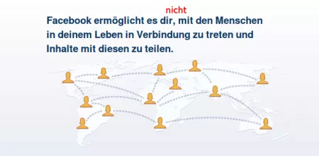 Screenshot von Facebook mit dem Text: „Facebook ermöglicht es (nicht), mit den Menschen in deinem Leben in Verbindung zu treten und Inhalt mit diesen zu teilen.“ Das Wort „nicht“ wurde nachträglich hinzugefügt.
