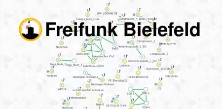 Eine Standortkarte. Darüber das Logo vom Bielefelder Freifunk.