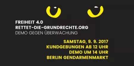 Banner für die Demo „Rettet die Grundrechte“.