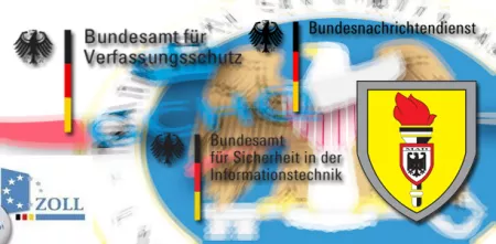 Collage aus diversen Logos deutscher und amerikanischer Bundesämter (BND, Verfassungsschutz, Sicherheit in der Informationstechnik)