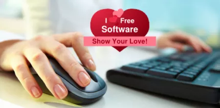 Collage: Detailaufnahme einer Hand, die eine Maus bedient und eine Tastatur. Darüber das Logo von "I love free software".