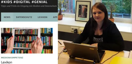 Screenshot der Website Kids, Digital Genial auf der linken Bildhälfte. Auf der rechten Bildhälfte eine Portraitaufnahme von Jessica Wawrzyniak.