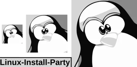 Schwarz-weiß Grafik von drei Pinguinen. Darunter der Text "Linux-Install-Party".