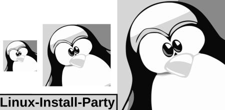 Schwarz-weiß Grafik von drei Pinguinen. Darunter der Text "Linux-Install-Party".