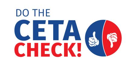 Grafik: "Do the Ceta Check!" (rot/blau) mit je einem Daumen, der nach oben und nach unten zeigt.