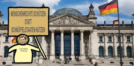 Collage: Der deutsche Bundestag. Davor eine Grafik einer Figur mit padeluuns Kopf. Er hält ein Schild in der Hand: „Menschenrecht schützen statt Schnüffelstaaten nützen“.