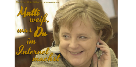 Montage: Portraitaufnahme von Angela Merkel. Daneben der Text: „Mutti weiß, was du im Internet machst.“
