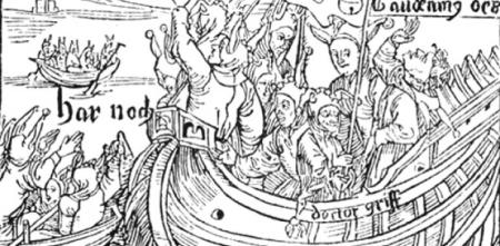 Eine altertümliche Zeichnung eines Narrenschiffes (Original: Sebastian Brant).