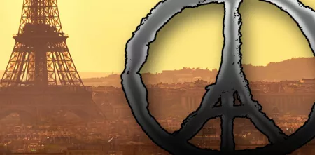 Collage: Grafik eines Peace-Zeichens. Im Hintergrund ein Teil des Eifelturms.