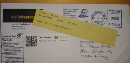 Ein Brief an Google kommt zurück an den Absender (Digitalcourage).
