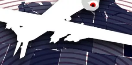 Grafik einer Drone und stilisierten Landkarte mit Ziel.