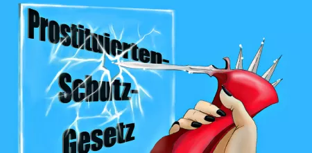 Grafik: Ein Highheel mit Spikes, der mit einer Spitze eine Glasscheibe zerstört, auf der „Prostituiertenschutzgesetz“ steht.