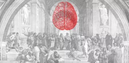 Collage: Ein Gemälde von Raffael (in schwarz-weiß). Darüber eine Grafik eines Gehirns im Querschnitt (rot).