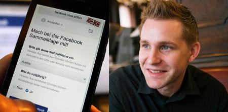 Collage: Smartphone-Bildschirm mit der Facebook-Sammelklage (links), Portraitaufnahme von Max Schrems (rechts)