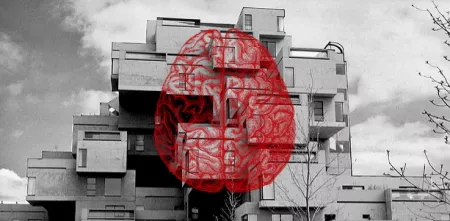 Collage: Foto eines Hochhauses (in schwarz-weiß). Darüber eine Grafik eines Gehirns im Querschnitt (rot).