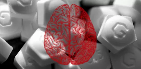 Collage: Foto von Tabletten (in schwarz-weiß). Darüber eine Grafik eines Gehirns im Querschnitt (rot).