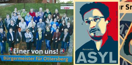 Collage: Wahlplakat der CDU Ottersberg und Edward-Snowden-Aufkleber.