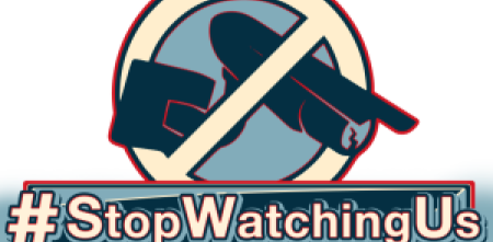 Grafik mit einer durchgestrichenen Überwachungskamera und dem Text: "#StopWatchingUs"