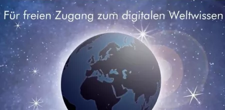 Grafik einer Weltkugel. Darüber der Text: „Für freien Zugang zum digitalen Weltwissen“.