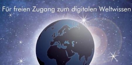 Grafik einer Weltkugel. Darüber der Text: „Für freien Zugang zum digitalen Weltwissen“.