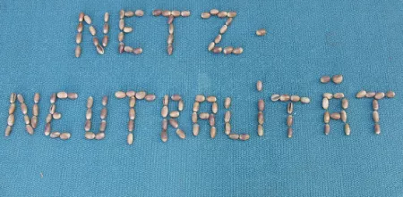 Das Wort „Netzneutralität“ aus Eicheln gelegt (auf blauem Grund).