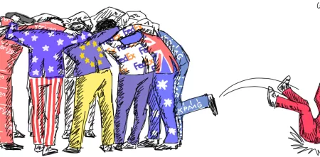 Illustration: Personen mit „besonderen“ Anzügen (Verizon, USA-Flagge, EU-Flagge, FedEx, Großbritannien-Flagge und KPMG), die im Kreis stehen. Eine Person wird rausgekickt (Anzug mit China.Flagge).