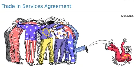 Illustration: Personen mit „besonderen“ Anzügen (Verizon, USA-Flagge, EU-Flagge, FedEx, Großbritannien-Flagge und KPMG), die im Kreis stehen. Eine Person wird rausgekickt (Anzug mit China.Flagge).