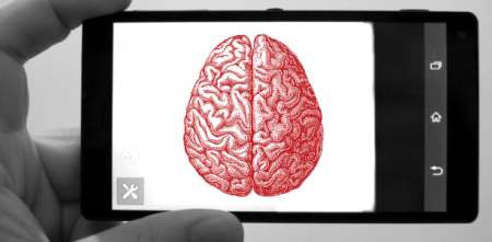 Collage: Der Bildschirm eines Smartphones (schwarz-weiß). Darüber eine Grafik eines Gehirns im Querschnitt (rot).