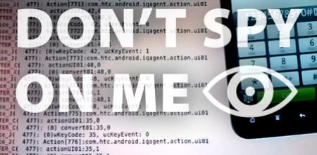 Collage: Bildschirm mit Code, darüber der Text: "Don't spy on me".
