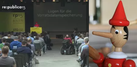 Zwei Fotos: republica-Veranstaltung (links) und Holzpuppe von Pinocchio (rechts).