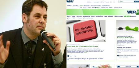 Collage: Portraitaufnahme von padeluun (links) und ein Screenshot von WDR5 zur Vorratsdatenspeicherung (rechts).