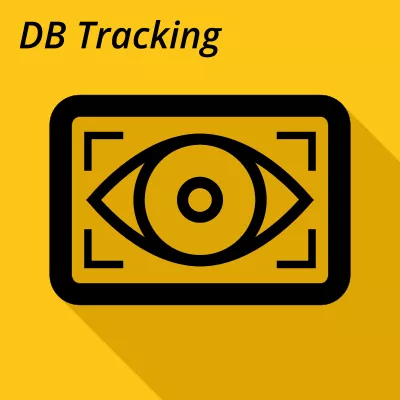 Grafik: Gelbe Kachel mit dem Wort „DB Tracking“. Darunter – angelehnt an das DB-Logo – ein überwachendes Auge.