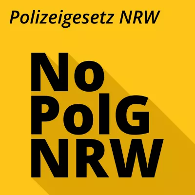 Grafik: Gelbe Kachel mit dem Wort „Polizeigesetz“. Darunter in fetten Buchstaben „NoPolGNRW“.