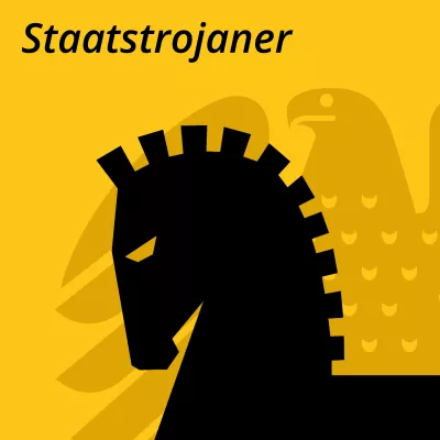 Grafik: Gelbe Kachel mit dem Wort „Staatstrojaner“. Darunter die Symbole eines Pferdekopfes und des Bundesadler.
