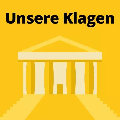 Grafik: Gerichtsgebäude (schematisch). Darüber: „Unsere Klagen“