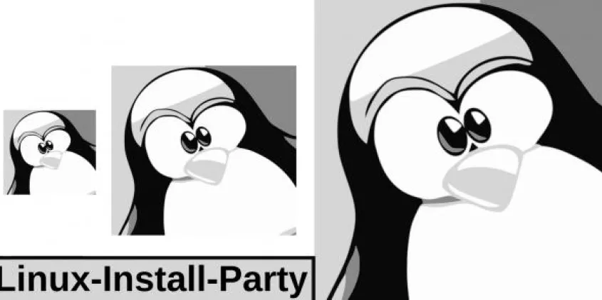 Schwarz-weiß Grafik von drei Pinguinen. Darunter der Text "Linux-Install-Party".