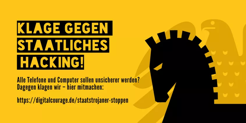 Banner in schwarz-gelb: „Klage gegen staatliches Hacking“. Rechts die Silhouette der Schachfigur Pferd, dahinter entsättigt der Bundesadler.