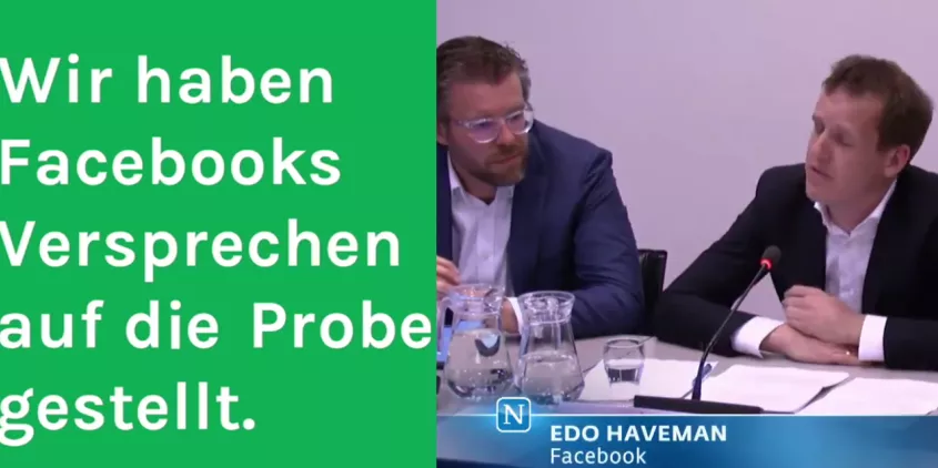Collage: „Wir haben Facebooks Versprechen auf die Probe gestellt“ (links) und zwei Personen an einem Schreibtisch (rechts).