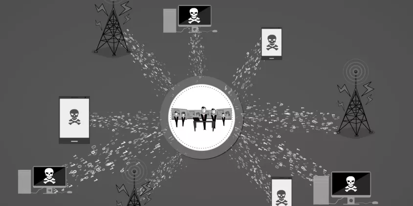 Symbolgrafik: Mehrere PCs mit Totenkopfsymbol sind verbunden zu einem Team aus Menschen.