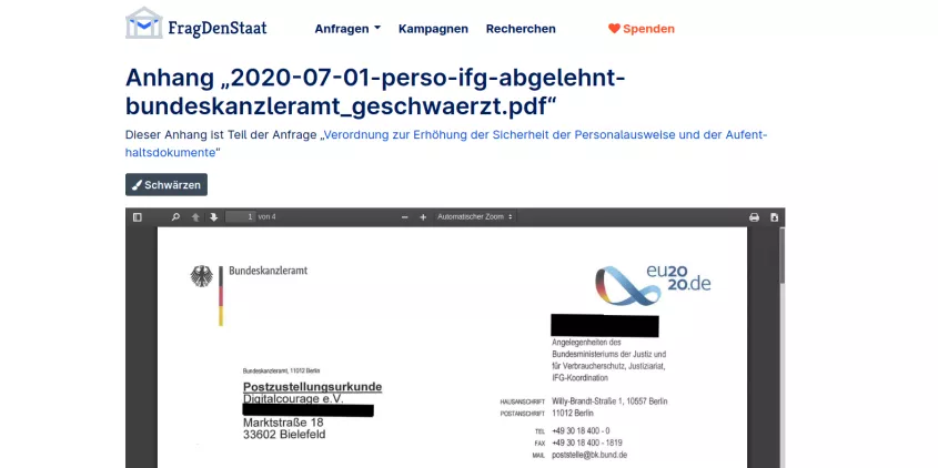 Screenshot des Antwortschreibens des Bundeskanzleramts.