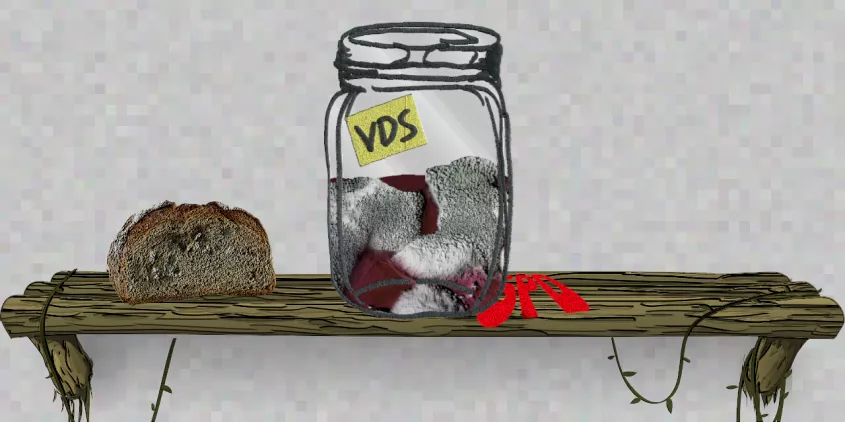 Ein Einmachglas steht auf einem Regal. Das Einmachglas ist beschriftet mit "VDS" und enthält eine schimmelnde, rote Flüssigkeit. Unter dem Glas ist Teil des SPD-Logos zu sehen.