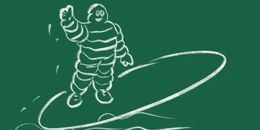 Zeichnung einer dick gepolsterten Figur auf einem Surfbrett vor grünem Hintergrund.