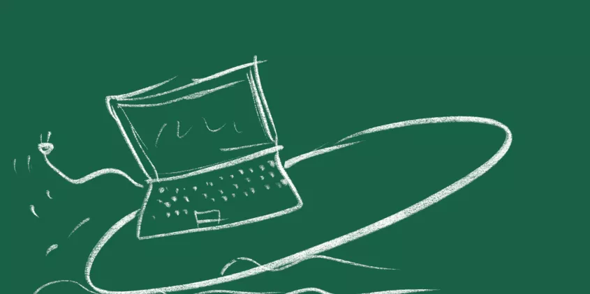 Gezeichneter Laptop auf Surfboard vor gründem Hintergrund.