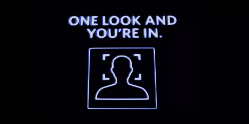 Grafik einer weiß gezeichneten Silhouette einer Person auf schwarzem Grund, deren Gesicht von einem Rahmen markiert wurde